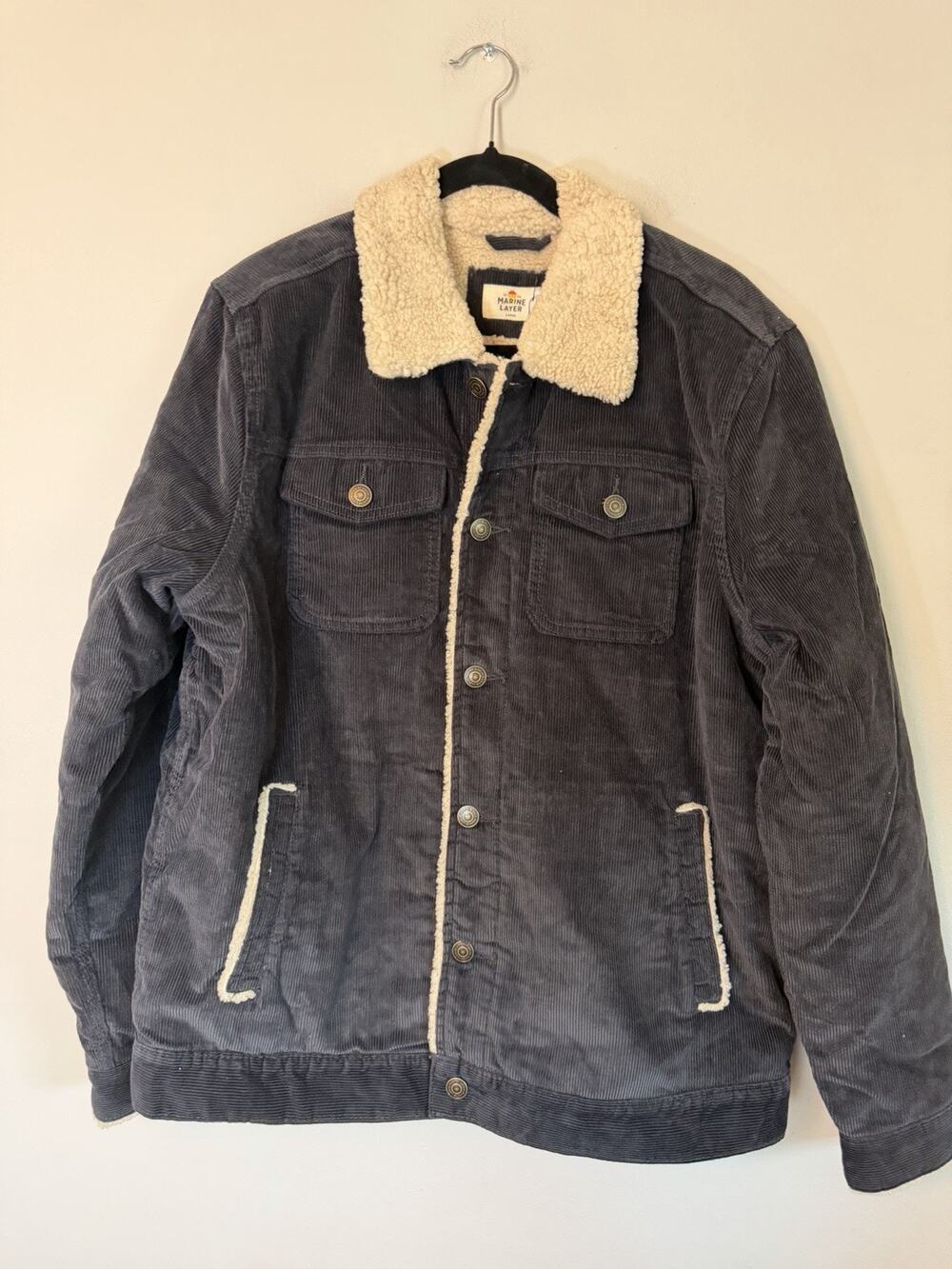 Marine Layer Boise Cord Sherpa Trucker Jacket Blue Graphite Sz L NWT $198